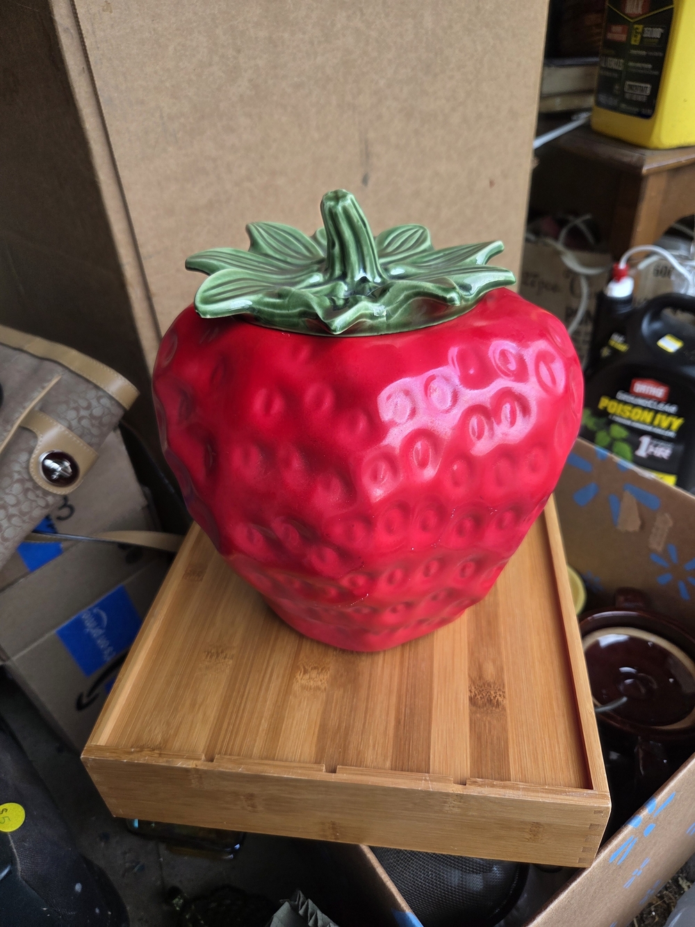 Mccoy Glossy Red Strawberry Jar with Green Leaf Lid